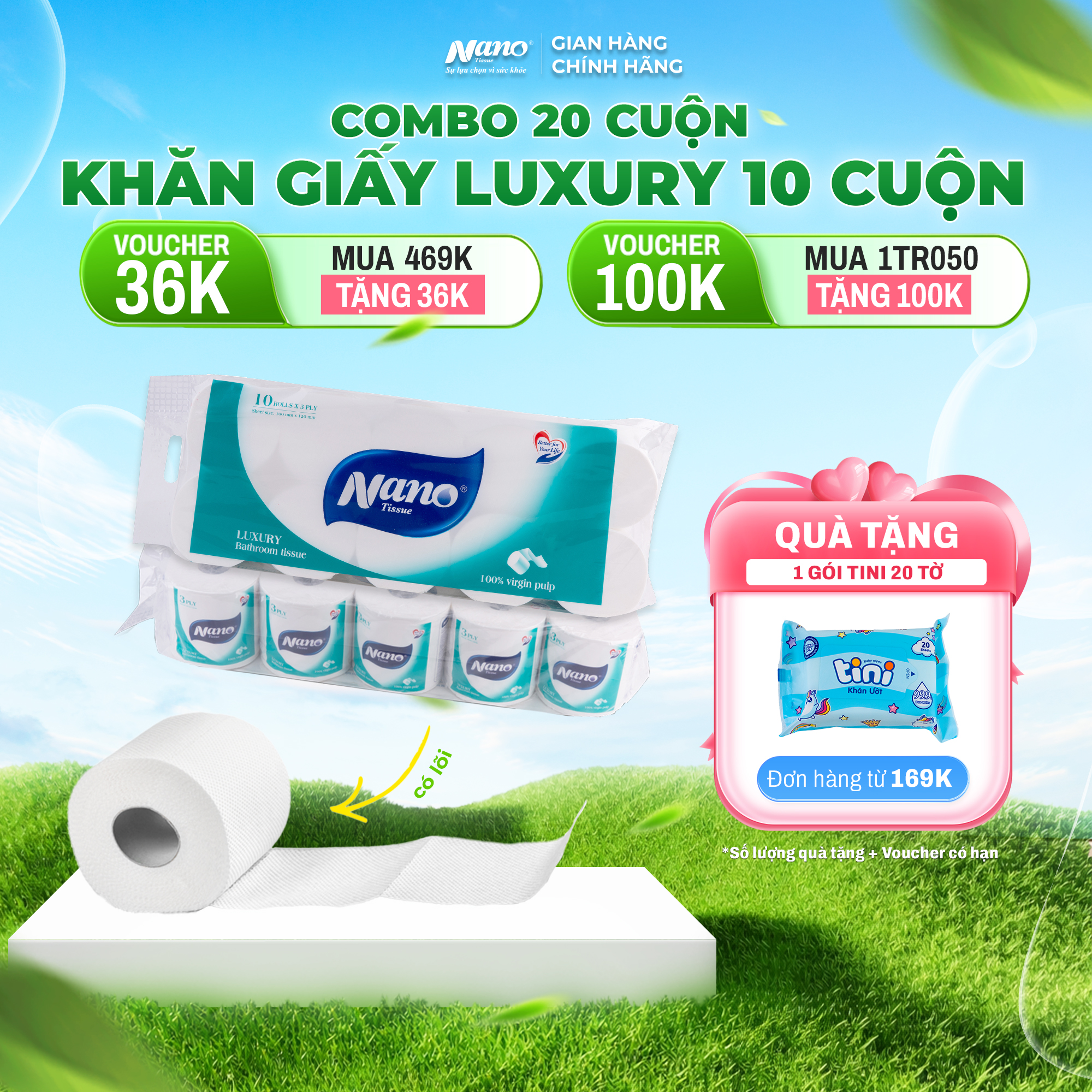 Giấy vệ sinh Luxury có lõi 10 cuộn